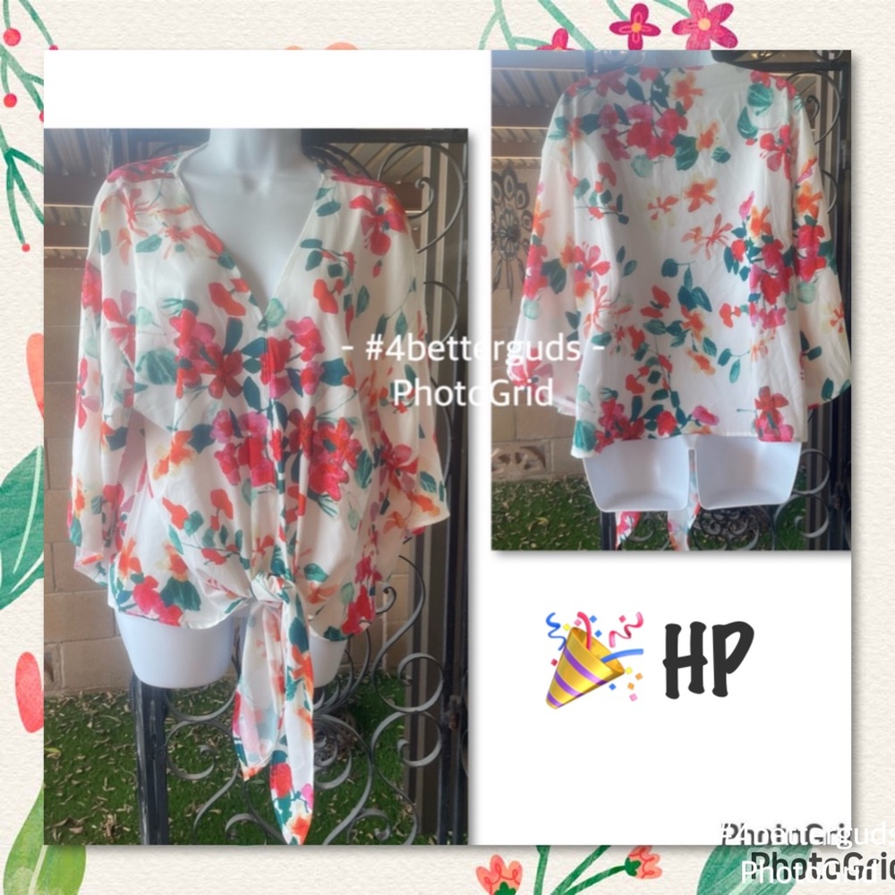 Boutique Floral Print Tie Front High Low Bell Flutter 3/4 Sleeves Blouse New